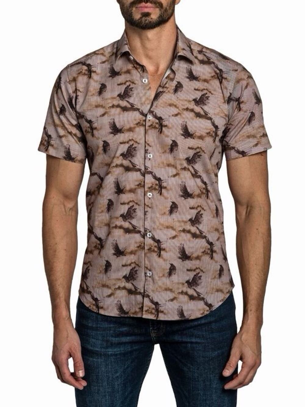 Jared Lang Shirt Mens L Brown Birds Printed Button Front Short Sleeve Slim Fit